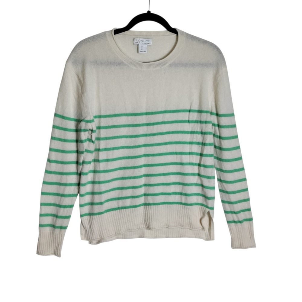 Rachel Zoe 100% Cashmere Striped Sweater Cream Green Crew Neck Womens Medium
